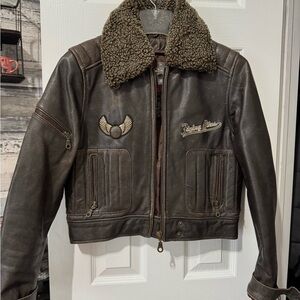 Vintage Brown Leather Aviator Jacket with Shearling Collar
